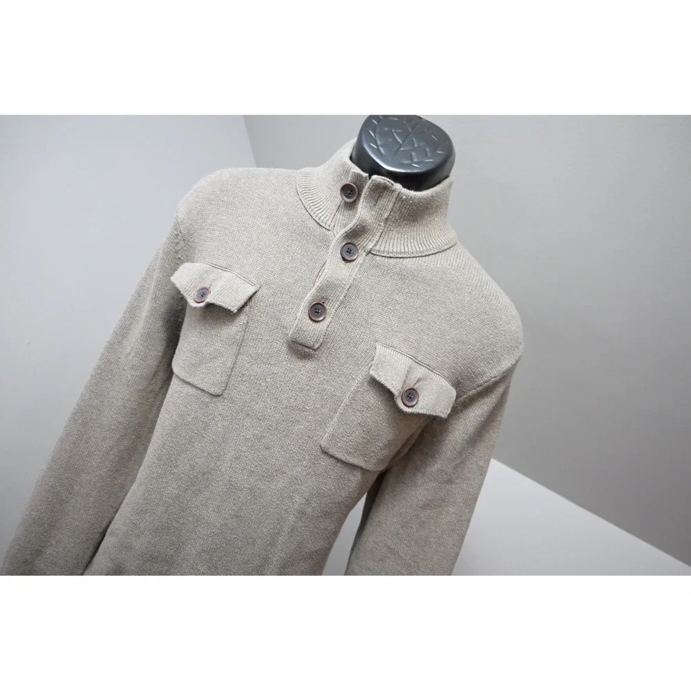 Banana Republic Sweater Men Large Tan Beige Mock Neck Button Up Pockets EUC